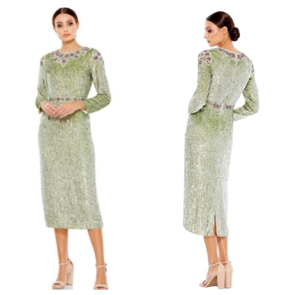 Mac Duggal Long Sleeve Sequin Dress Back Slit Women's Size 10 NWT